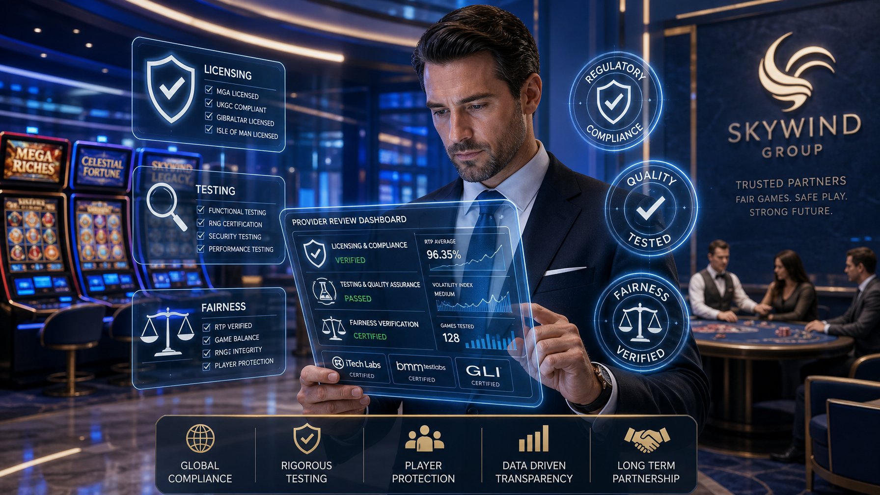 A Business Professional Reviewing Digital Charts And Certification Icons Related To Casino Game Licensing And Fairness In A Modern Casino Setting.