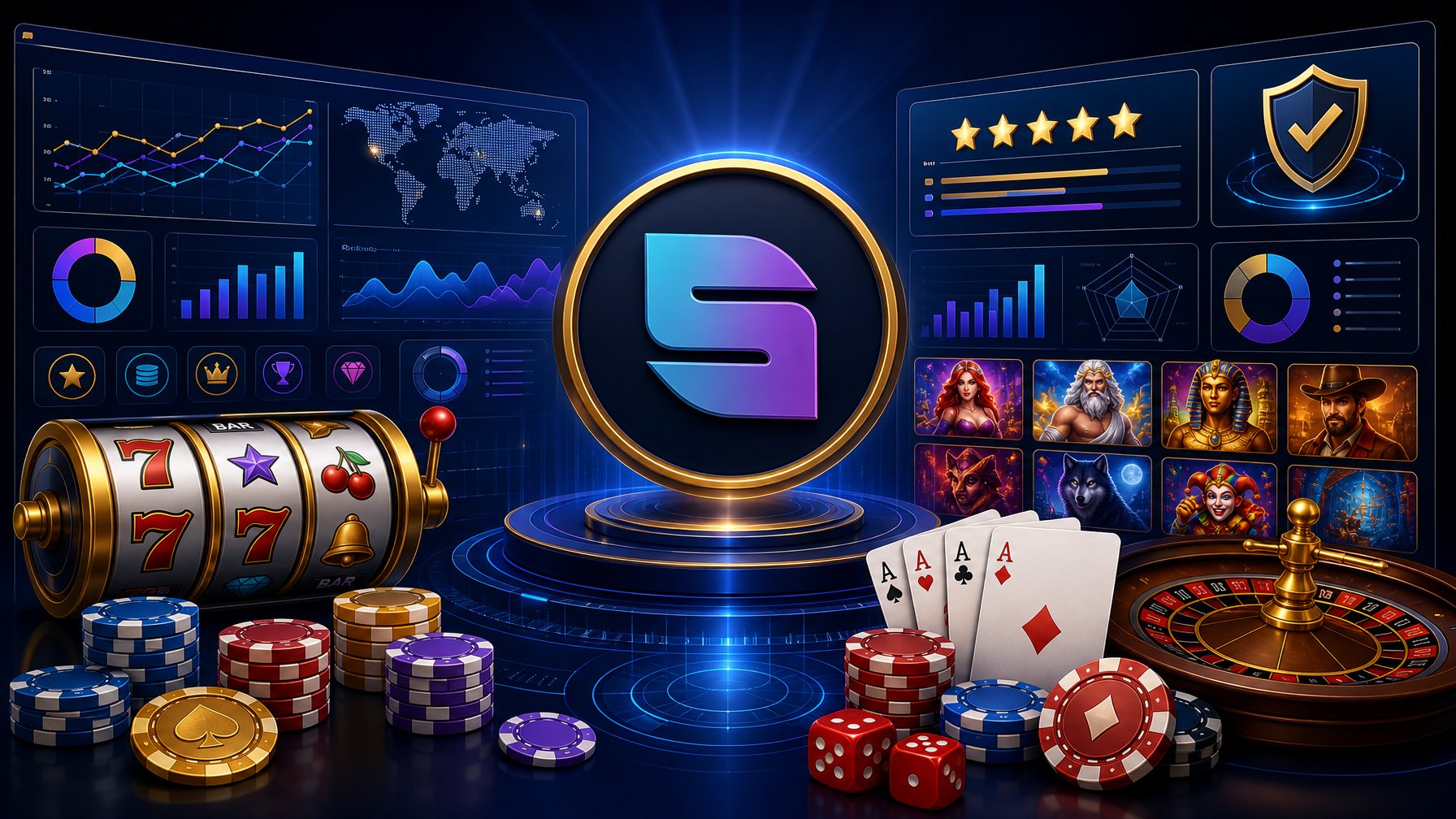 A Digital Dashboard Showing Casino Game Elements Like Slot Reels, Cards, Dice, And Chips Around A Central Emblem, With Charts And Performance Metrics In The Background.