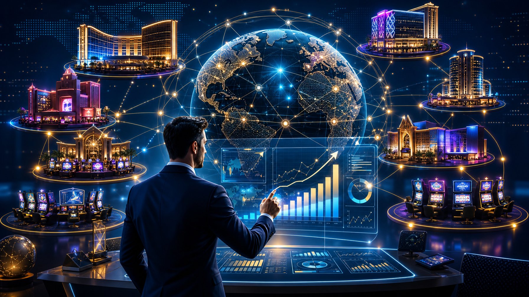 A Globe Surrounded By Interconnected Nodes Representing Global Distribution, With Casino Buildings And A Business Professional Analyzing Digital Charts In The Foreground.