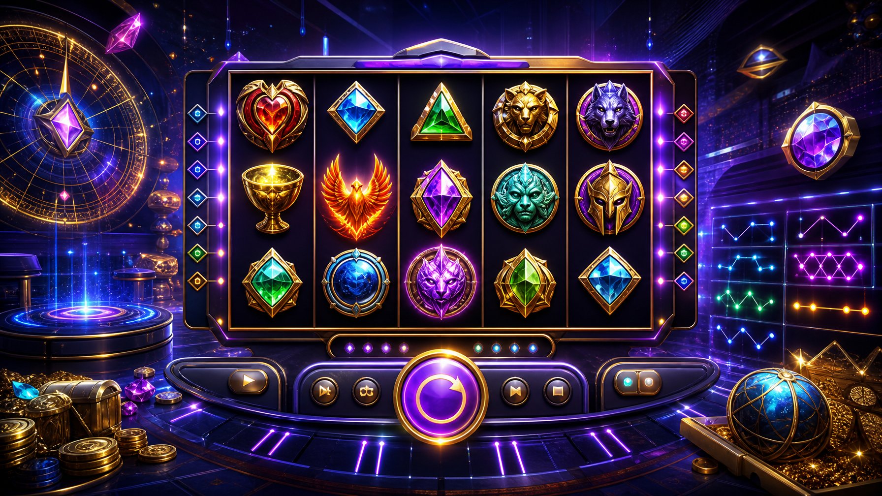 A Colorful Casino Game Interface With Spinning Slot Machine Reels And Abstract Digital Patterns Representing Game Mechanics And Design Elements.