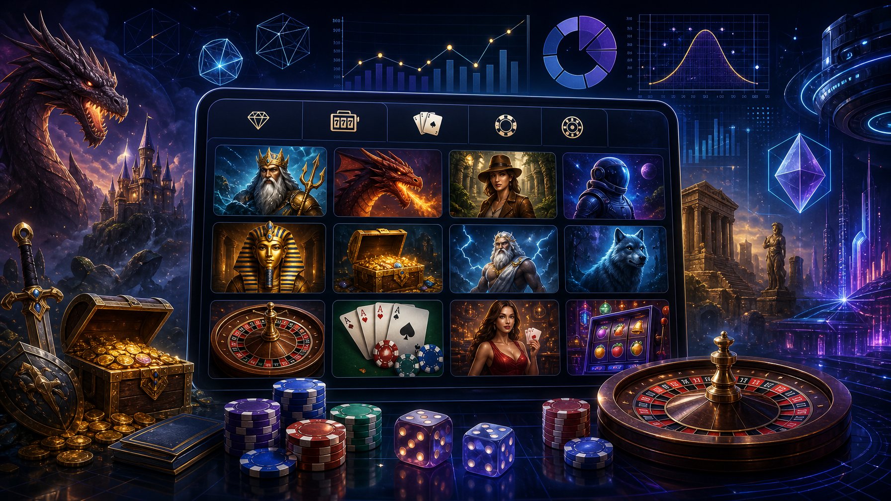 A Digital Interface Showing Various Casino Game Icons Surrounded By Themed Symbols And Mathematical Graphics.