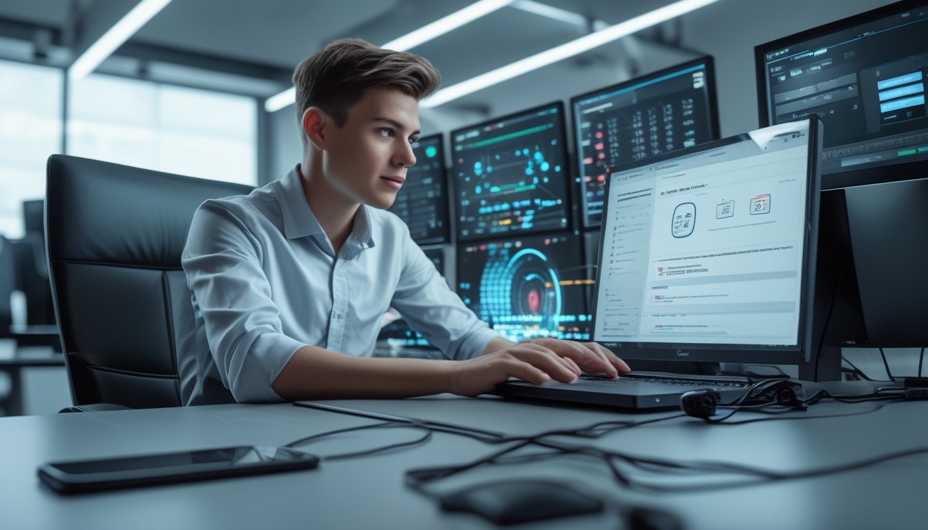 Seseorang duduk di meja kerja dengan laptop dan beberapa monitor yang menampilkan grafik kecepatan server dan koneksi internet.