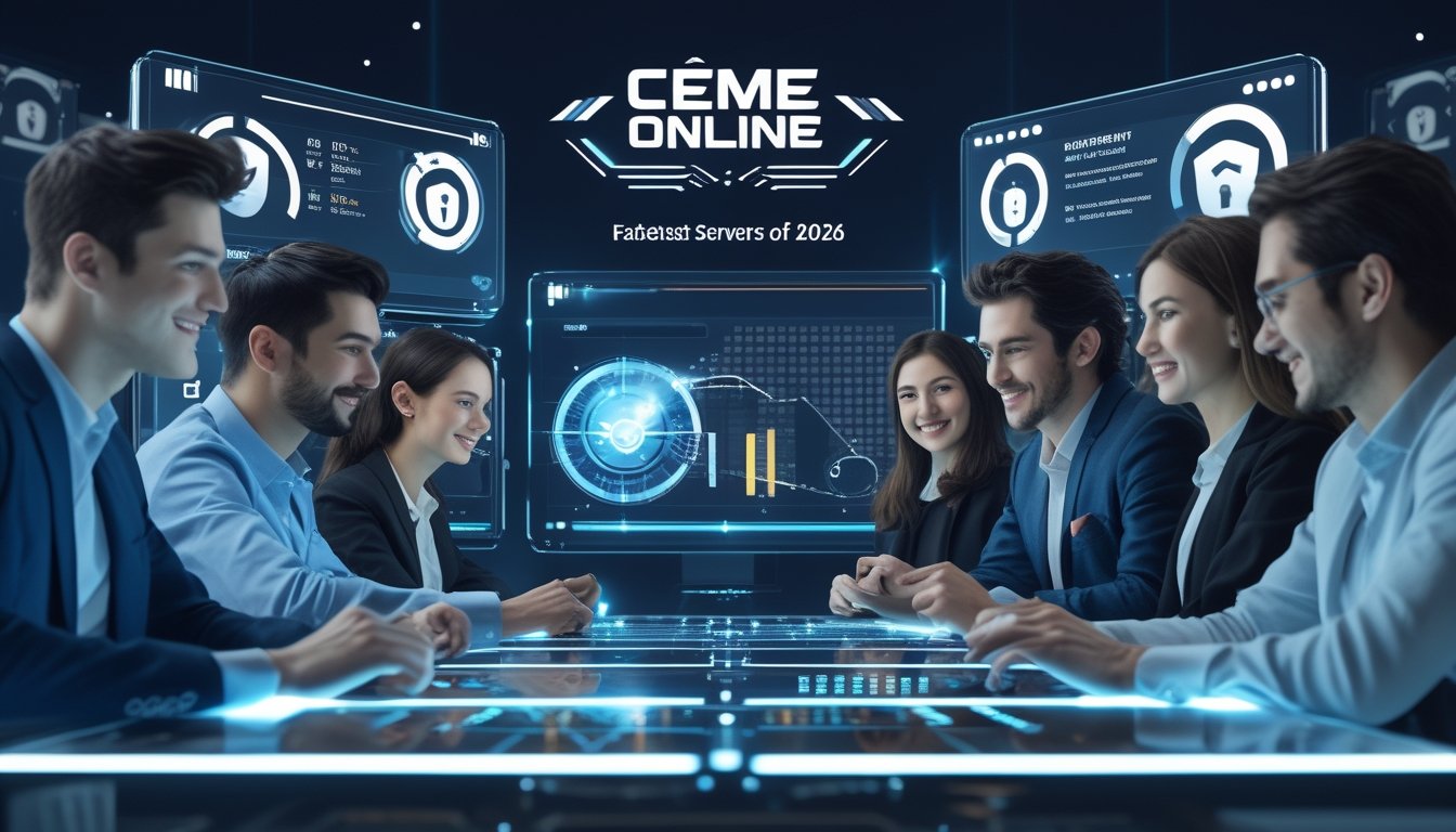 Sekelompok profesional muda sedang menggunakan teknologi canggih dengan tampilan layar digital yang menunjukkan keamanan dan kecepatan server untuk permainan Ceme Online.