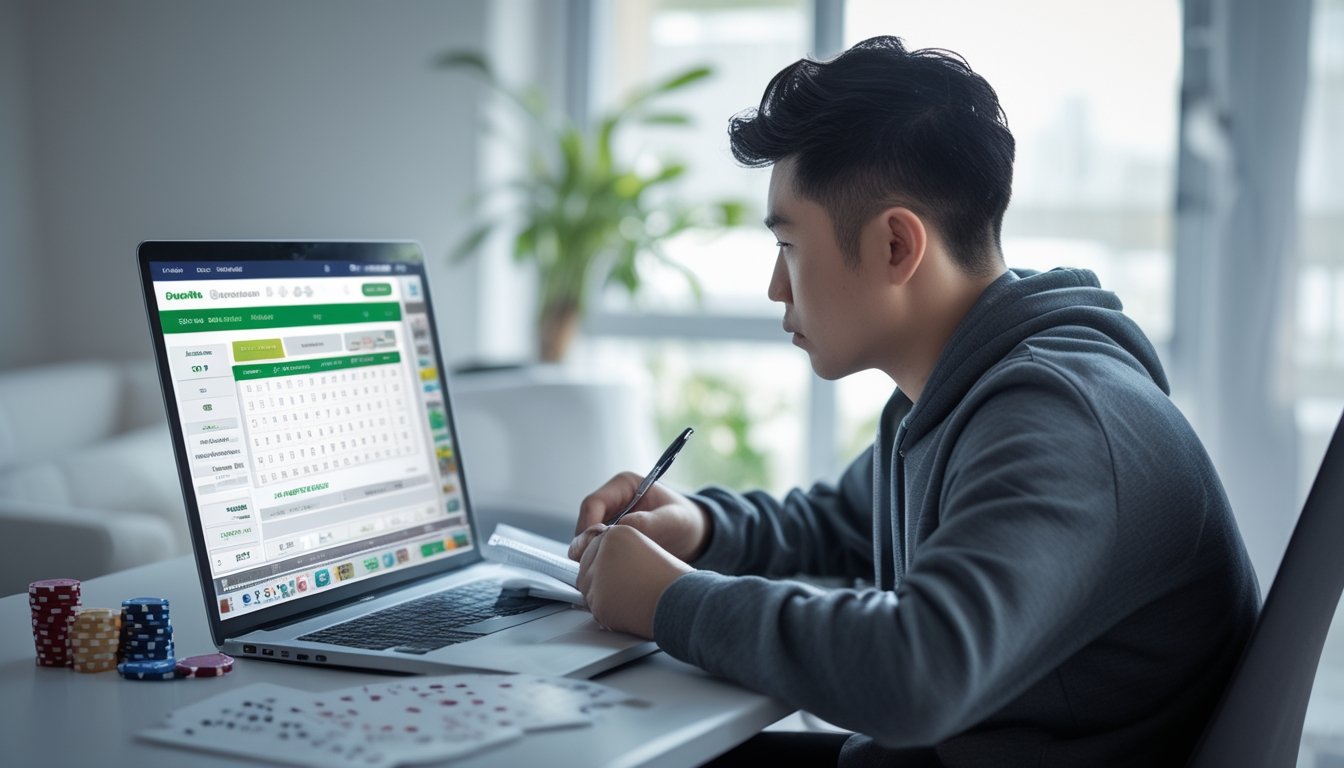 Seorang pria muda duduk di meja dengan laptop dan catatan, fokus pada layar yang menampilkan permainan taruhan online.
