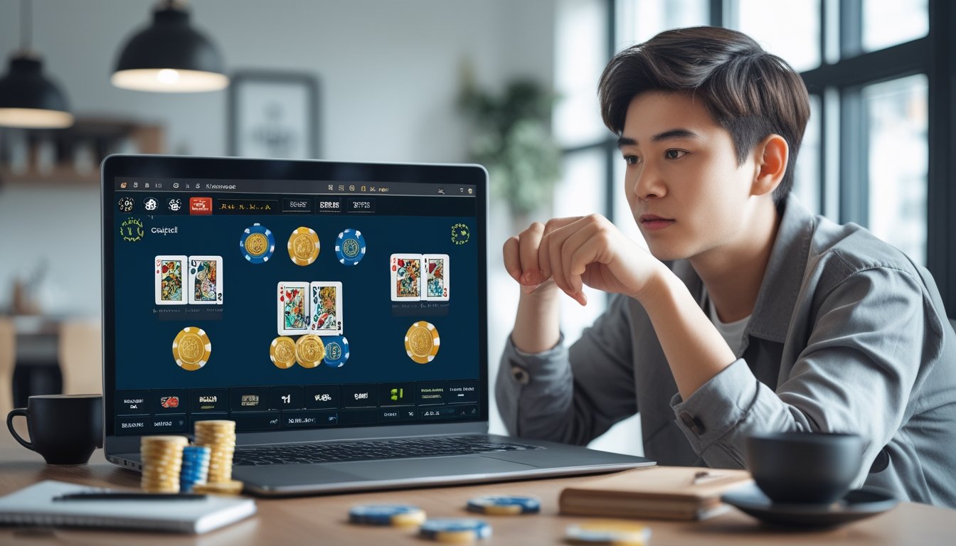 Seorang pemain muda sedang mengelola modal taruhan Ceme online di depan laptop dengan kartu dan chip permainan di layar.