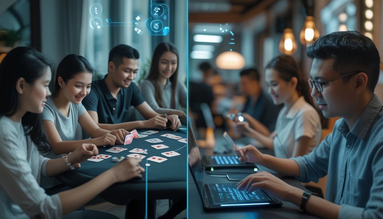 Dua kelompok orang bermain permainan kartu secara online, satu di rumah dengan suasana santai dan satu lagi menggunakan perangkat mobile di lingkungan perkotaan.