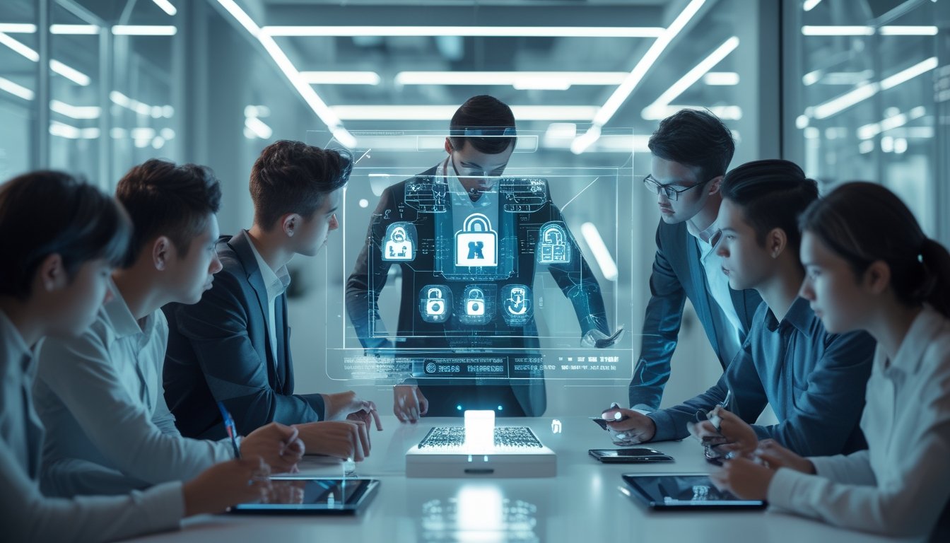 Sekelompok orang muda sedang bekerja sama di depan komputer dengan layar holografik yang menampilkan data keamanan untuk mencegah kecurangan dalam permainan Ceme online.