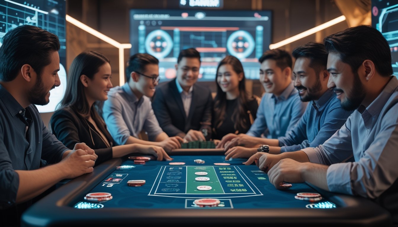 Beberapa orang bermain permainan Ceme online di depan meja digital dengan kartu dan chip, menunjukkan suasana kompetitif antara bandar dan pemain.