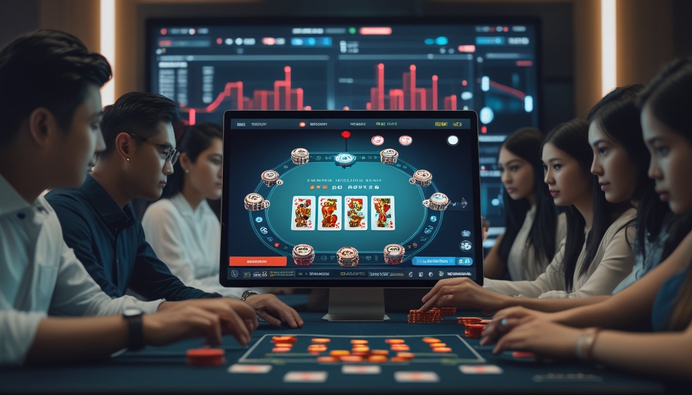 Sejumlah pemain serius sedang bermain permainan Ceme online di depan layar digital dengan kartu dan chip taruhan, di ruangan yang modern dan terang.
