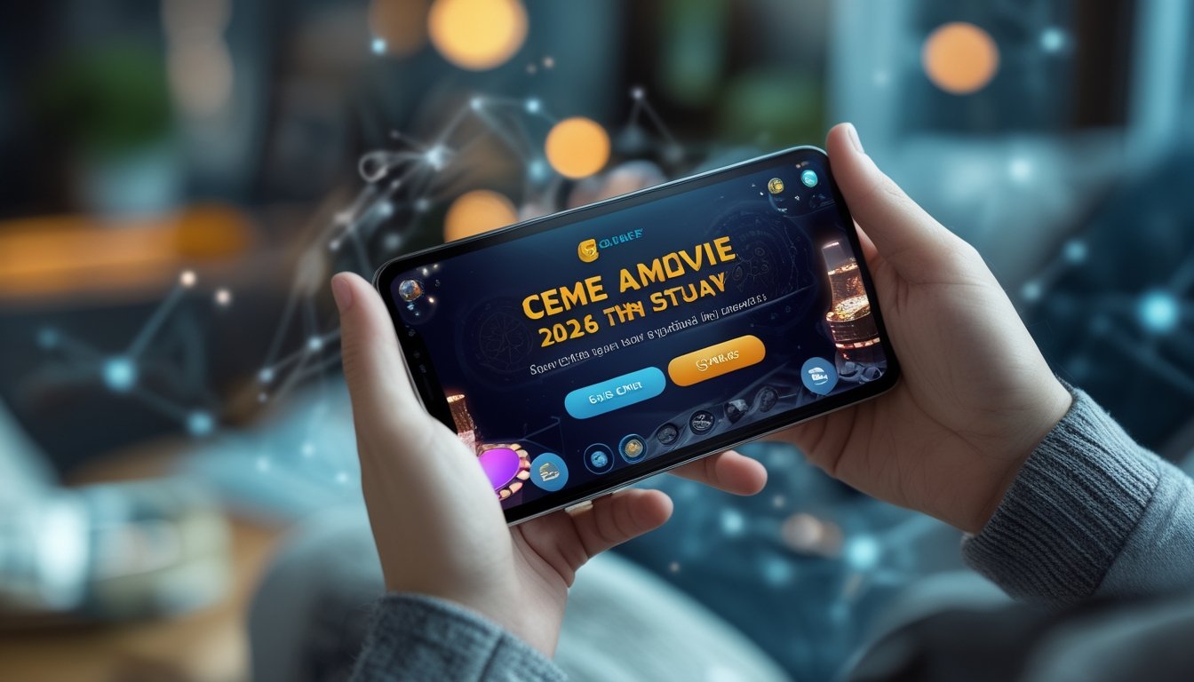 Seseorang memegang ponsel yang menampilkan permainan Ceme online dengan latar dalam ruangan yang nyaman dan pencahayaan hangat.