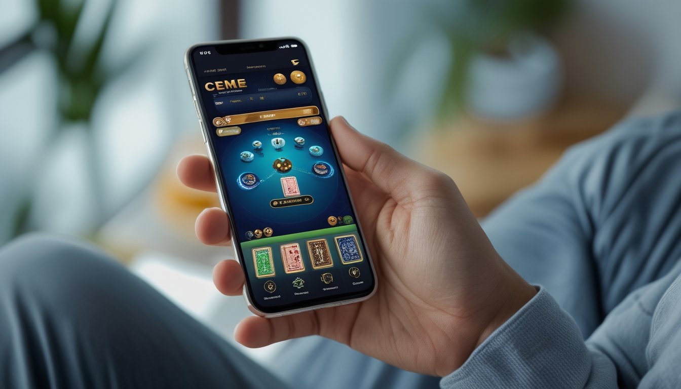 Seseorang memegang ponsel yang menampilkan permainan Ceme online dengan antarmuka aplikasi yang jelas dan menarik.