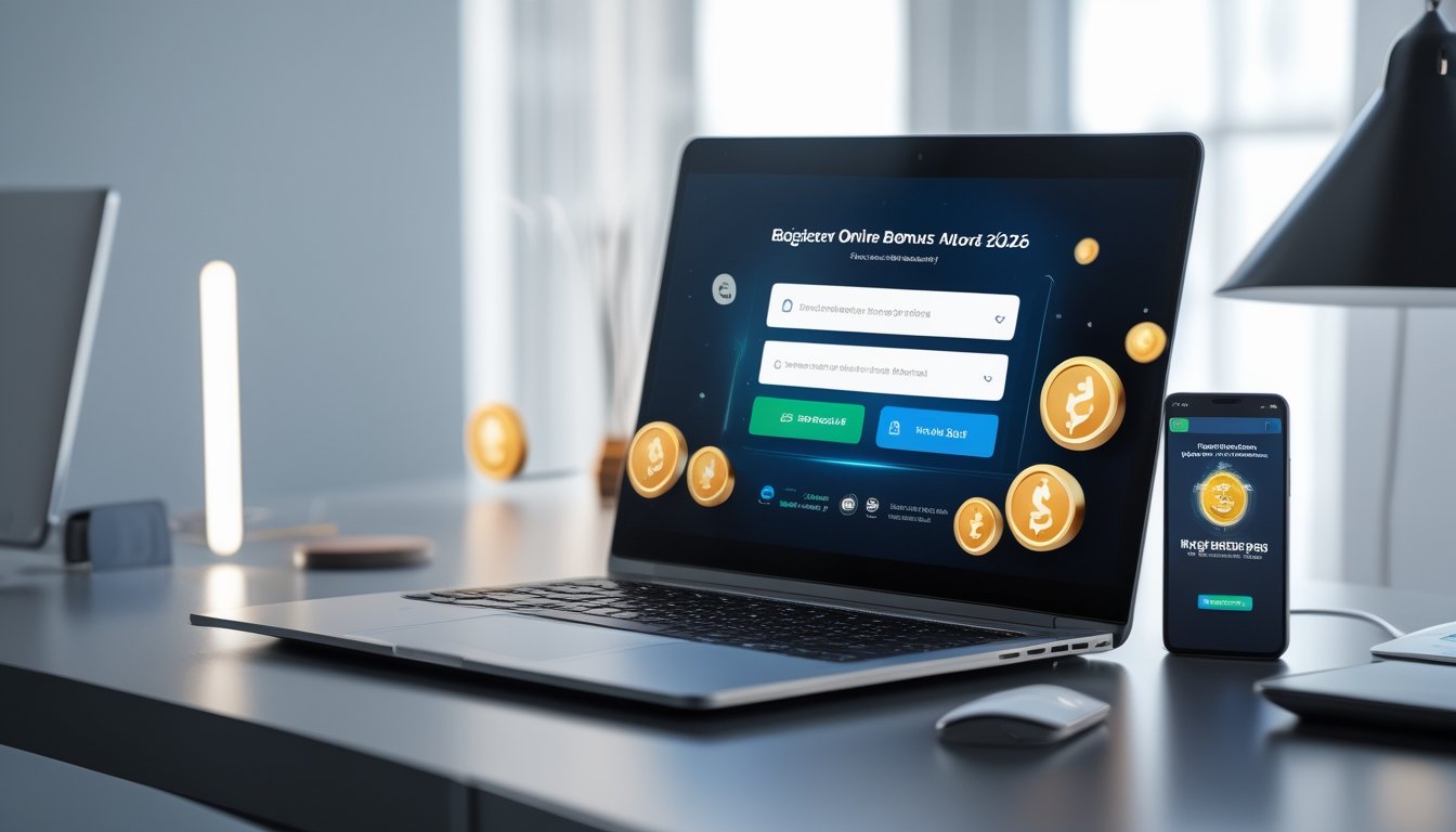 Meja kerja modern dengan laptop yang menampilkan formulir pendaftaran akun online dan ponsel dengan notifikasi bonus besar tahun 2026.