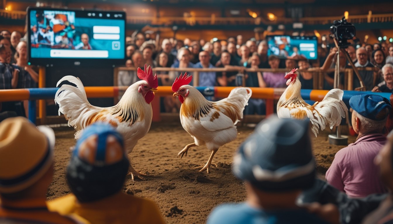 Dua ayam jago sedang bertarung di arena dengan penonton yang antusias menonton pertandingan secara langsung.