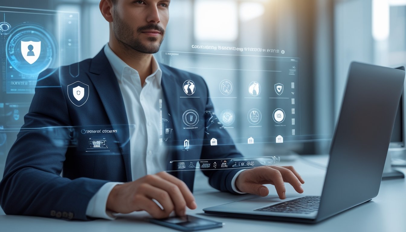 Seorang pria menggunakan laptop di kantor modern dengan ikon keamanan digital mengelilingi layar, menunjukkan sistem keamanan canggih untuk taruhan sabung ayam.