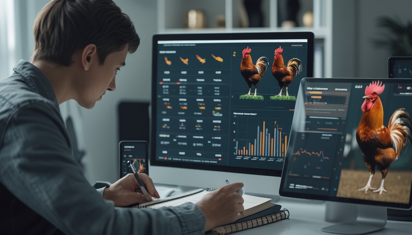 Seseorang sedang menganalisis performa ayam petarung menggunakan laptop dan tablet di ruang kerja modern.