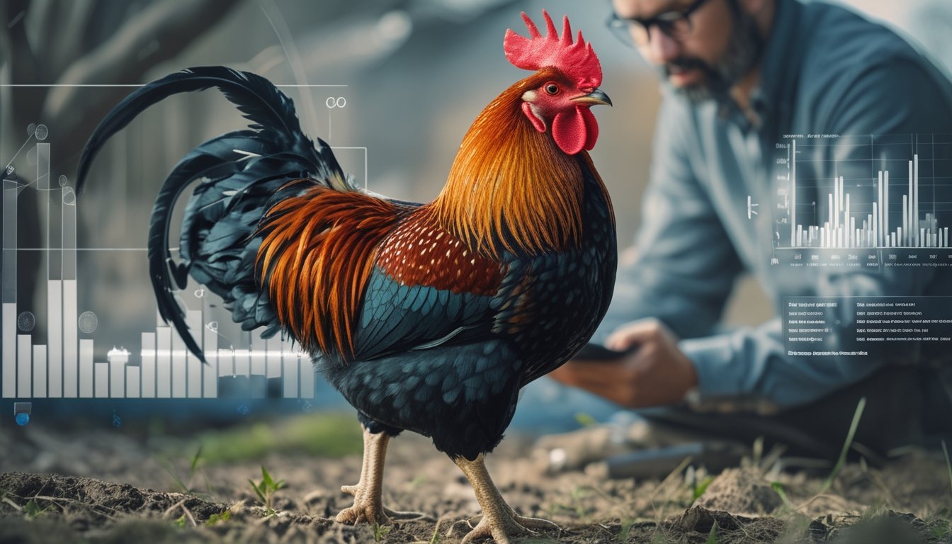 Seekor ayam petarung berdiri dengan gagah di atas tanah alami, dengan seseorang yang mengamati dan mencatat performanya di latar belakang.