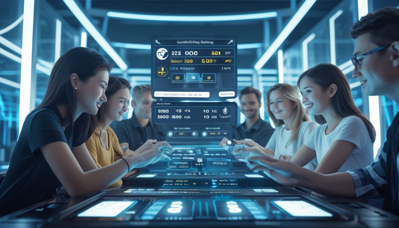 Sekelompok orang muda menggunakan perangkat digital modern untuk bertaruh pada sabung ayam di ruang dalam yang terang dan futuristik.