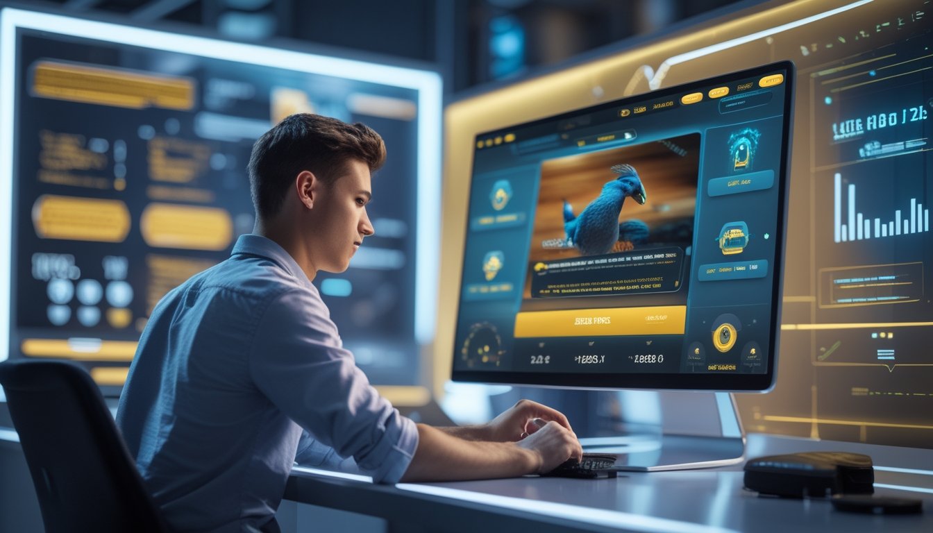 Seorang pria muda menggunakan komputer dengan antarmuka modern situs taruhan sabung ayam yang menampilkan fitur terbaru dan grafik digital di latar belakang.