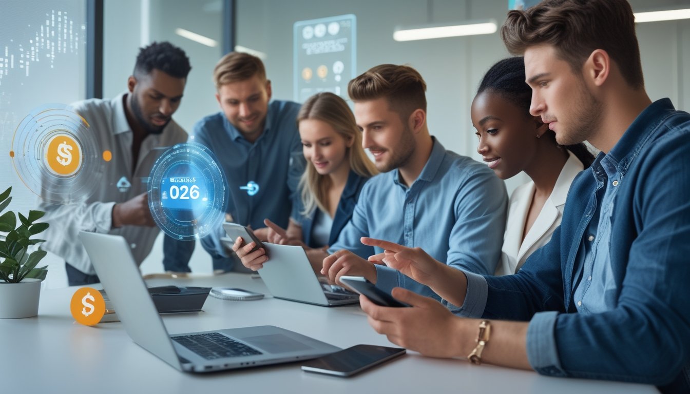 Beberapa orang muda menggunakan perangkat digital untuk melakukan transaksi keuangan cepat di lingkungan kantor modern.