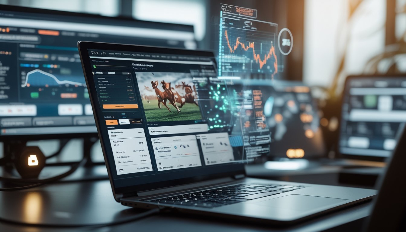 Seorang pria menggunakan laptop dengan layar menampilkan platform sabung ayam online dan grafik data di lingkungan kantor modern.