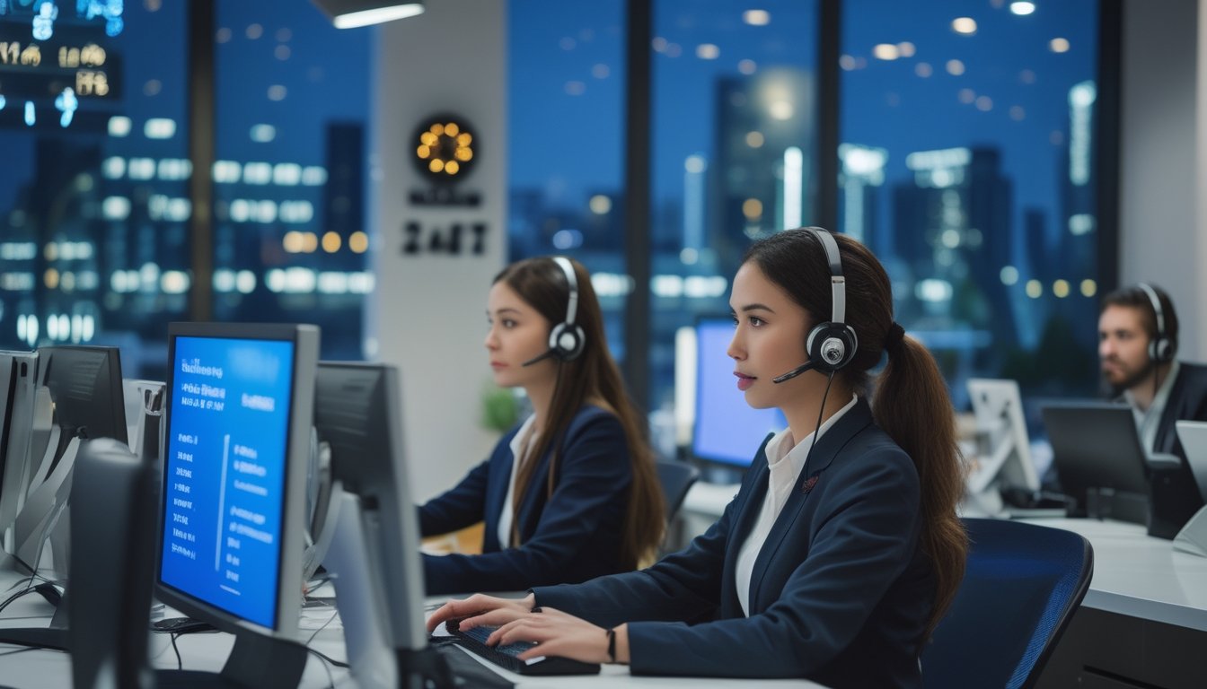 Pusat layanan pelanggan modern dengan staf yang bekerja menggunakan headset di ruang kantor yang terang dan rapi, dengan pemandangan kota malam hari di jendela.