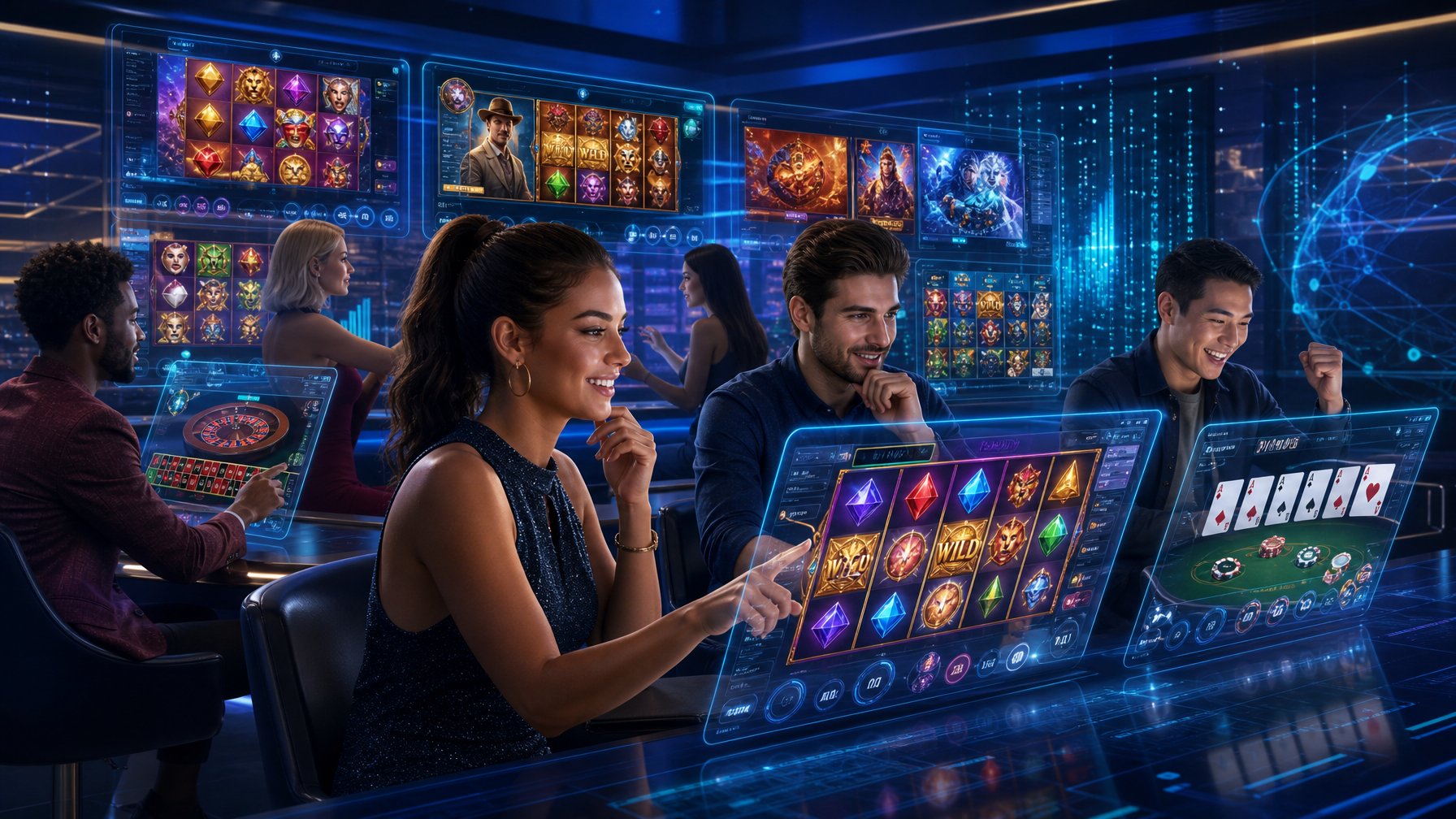 A Group Of People Playing Online Casino Games On Digital Screens With Colorful Slot Machines And Card Games In A Modern Gaming Environment.