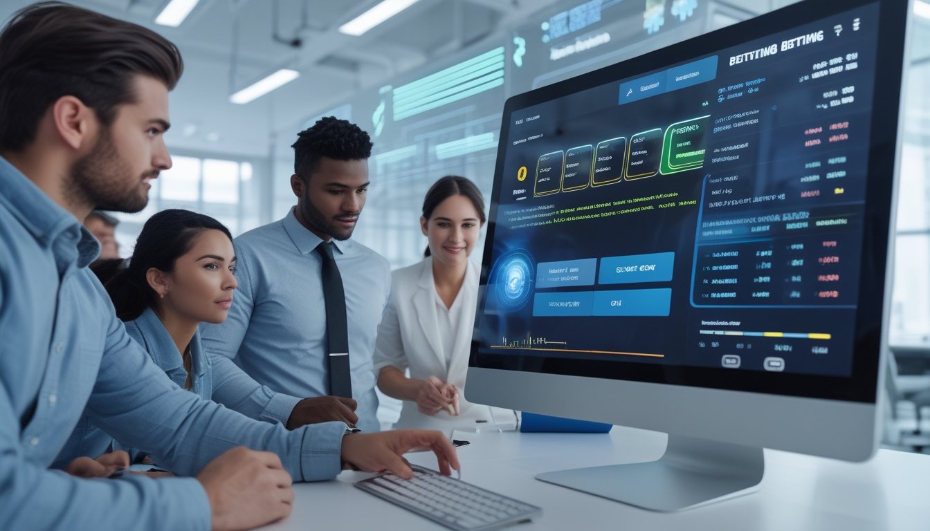 Orang-orang bekerja di kantor modern dengan layar digital besar yang menampilkan antarmuka platform online sabung ayam yang tersedia 24 jam.