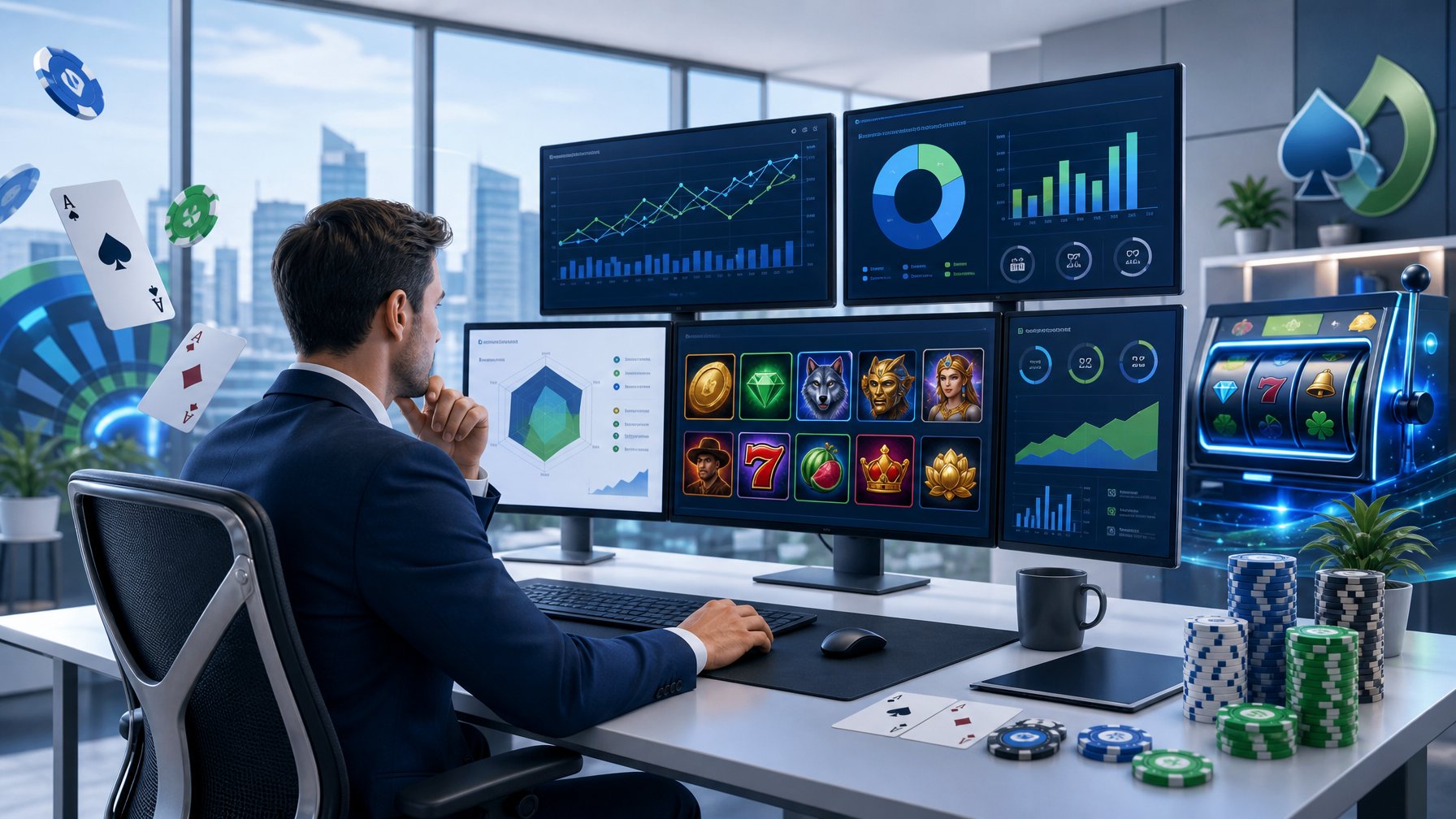 A Business Analyst Reviewing Gaming Data On Multiple Screens In A Modern Office With Abstract CasinoThemed Elements Around.