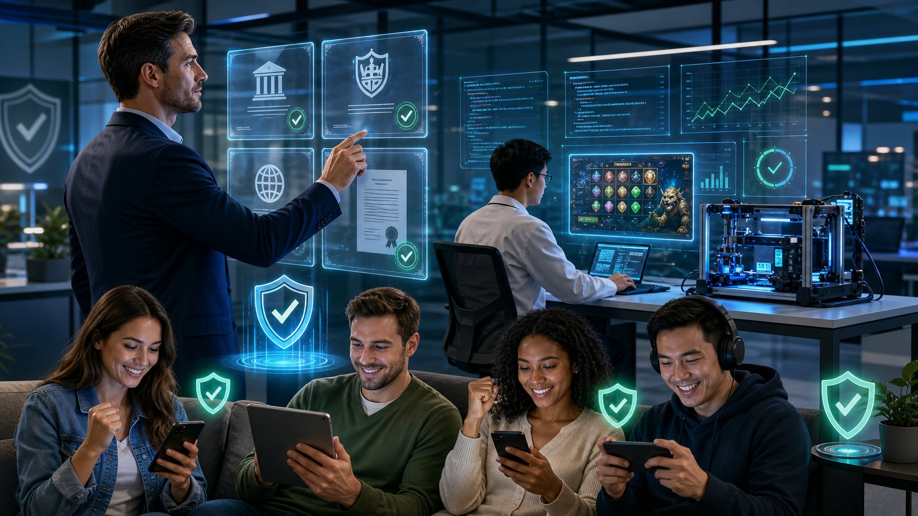A Business Professional Reviewing Digital Licenses And A Technician Testing Casino Game Software While Diverse Players Interact With Gaming Devices Showing Trust And Satisfaction.