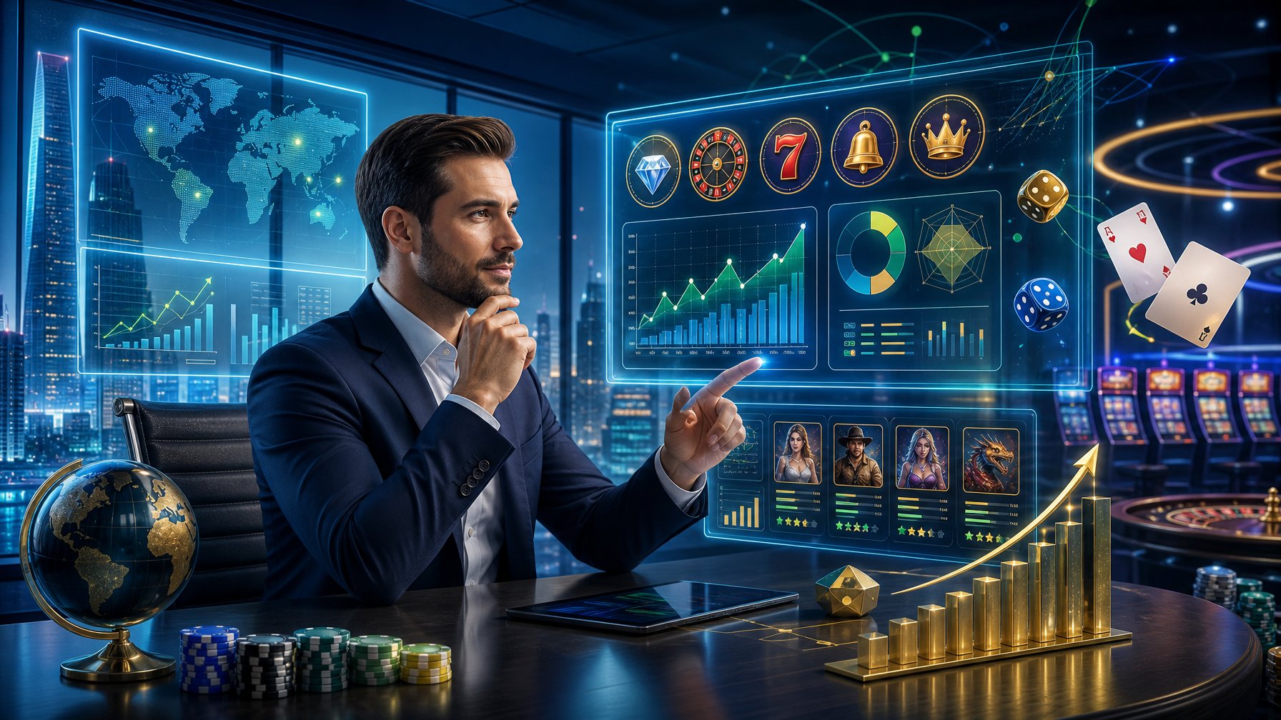 A Business Professional Reviewing Digital Charts And Casino Game Icons In A Modern Office With Casino Elements And A City Skyline In The Background.