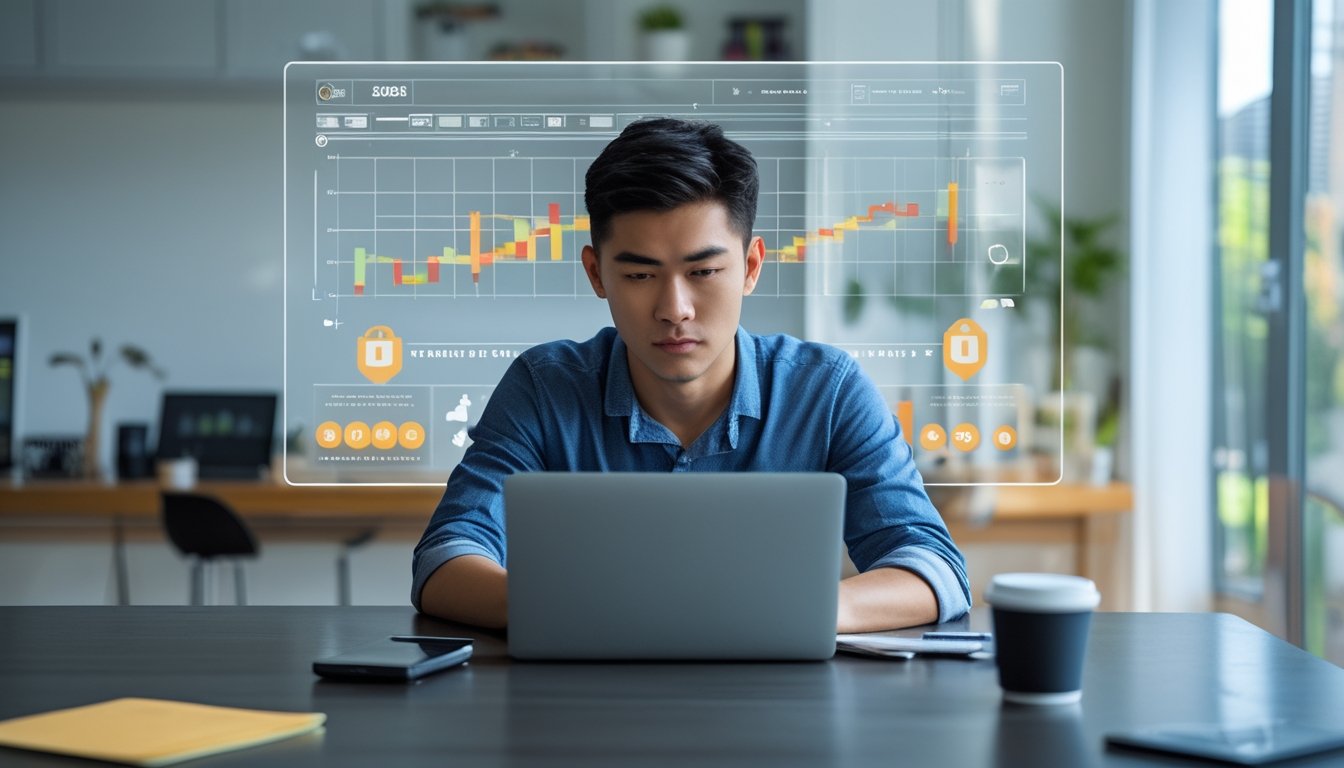 Seorang pria muda sedang duduk di meja dengan laptop, fokus menganalisis data online di ruang kerja rumah.