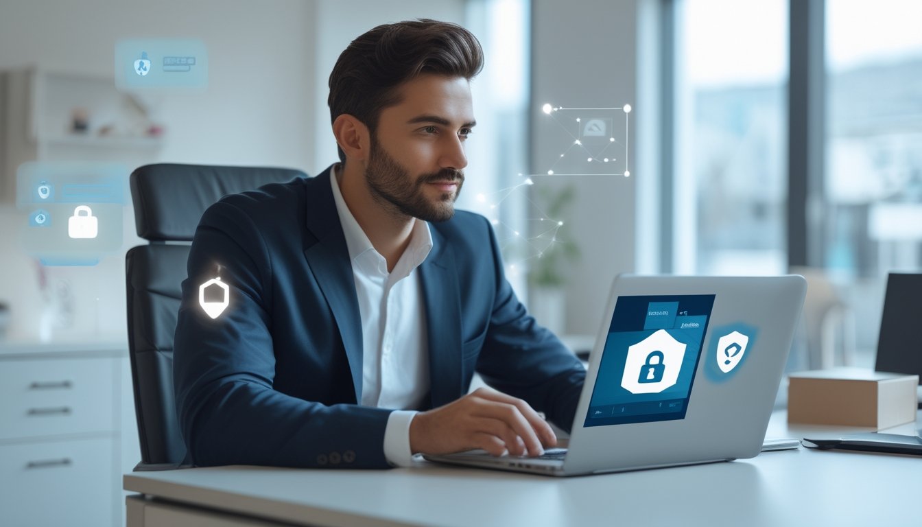 Seorang pria duduk di depan laptop di kantor modern, fokus pada layar yang menampilkan platform online yang aman dengan simbol keamanan.