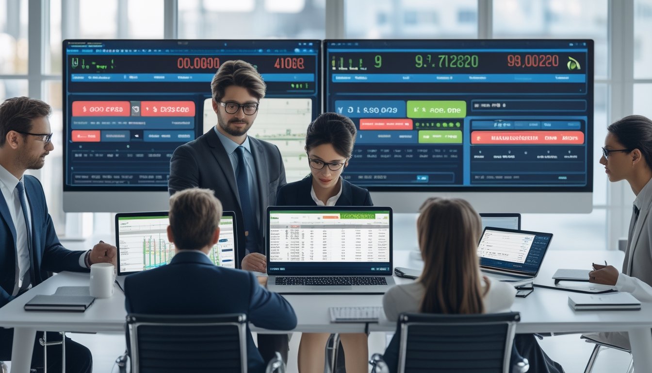 Sekelompok profesional sedang bekerja di kantor modern dengan layar komputer menampilkan data pasar togel.