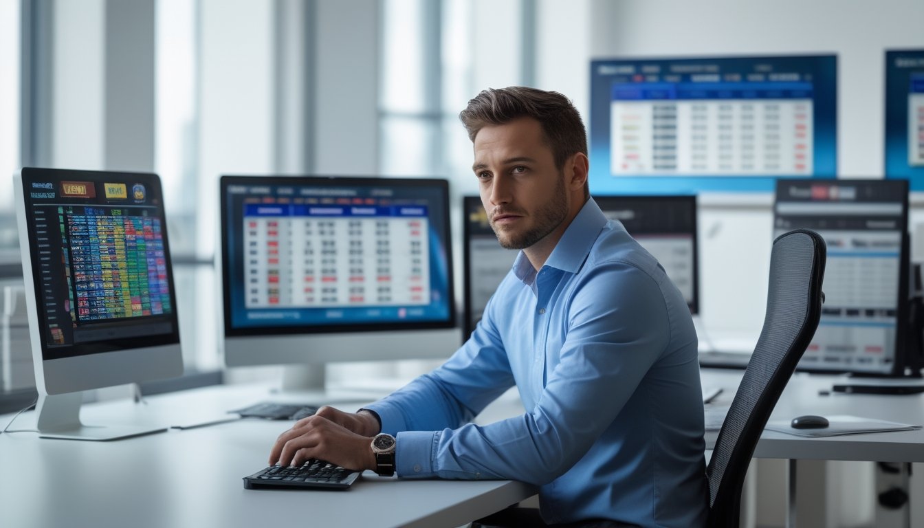 Seorang profesional sedang bekerja di kantor modern dengan beberapa layar komputer menampilkan data dan angka togel.