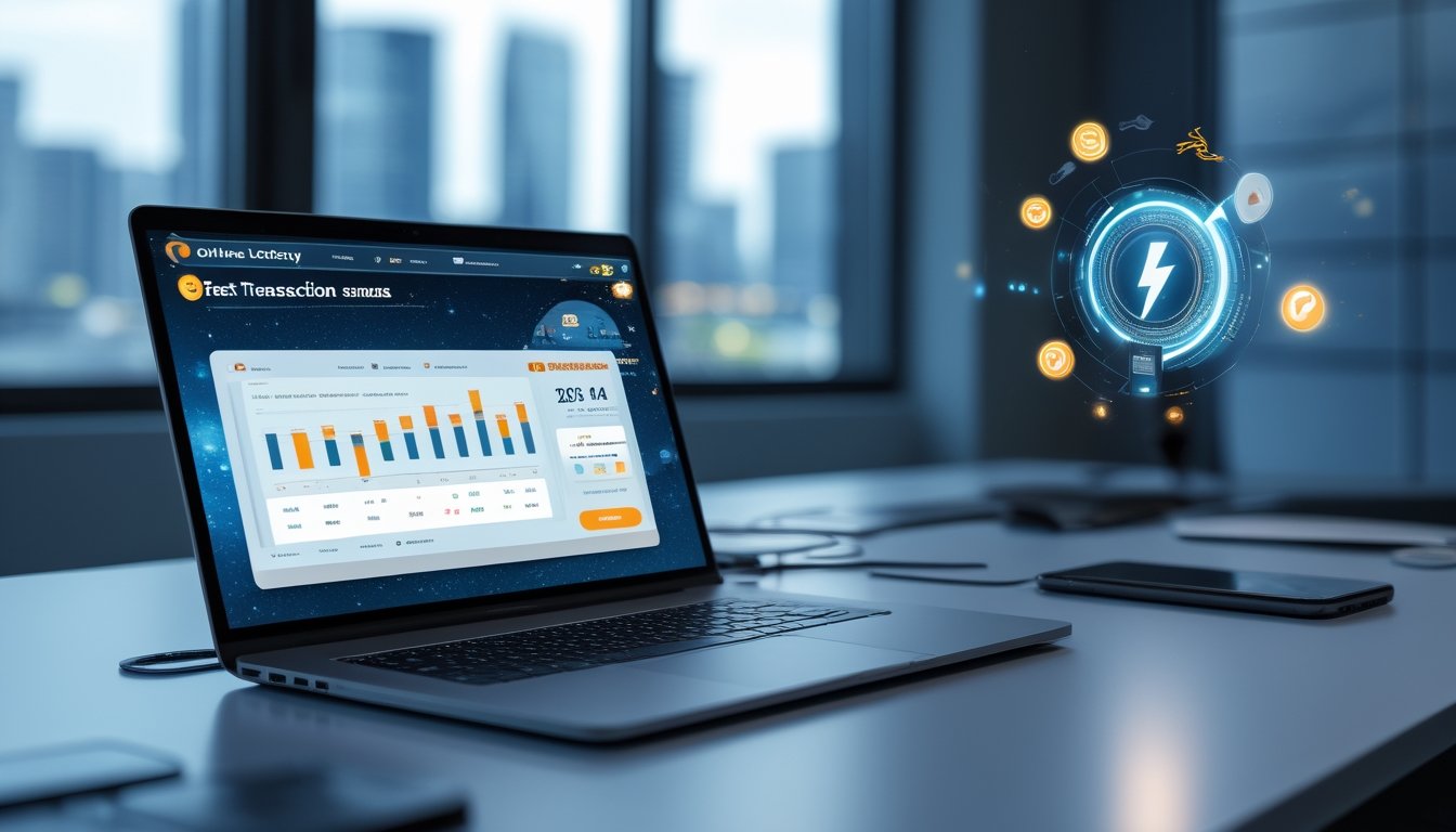 Meja kerja modern dengan laptop dan ponsel yang menampilkan platform togel online dan konfirmasi pembayaran cepat, dengan latar belakang kota urban.
