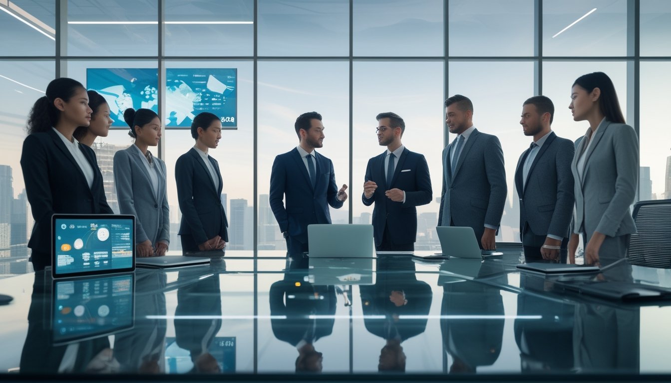 Sekelompok profesional bisnis sedang berdiskusi di ruang kantor modern dengan pemandangan kota futuristik di luar jendela.