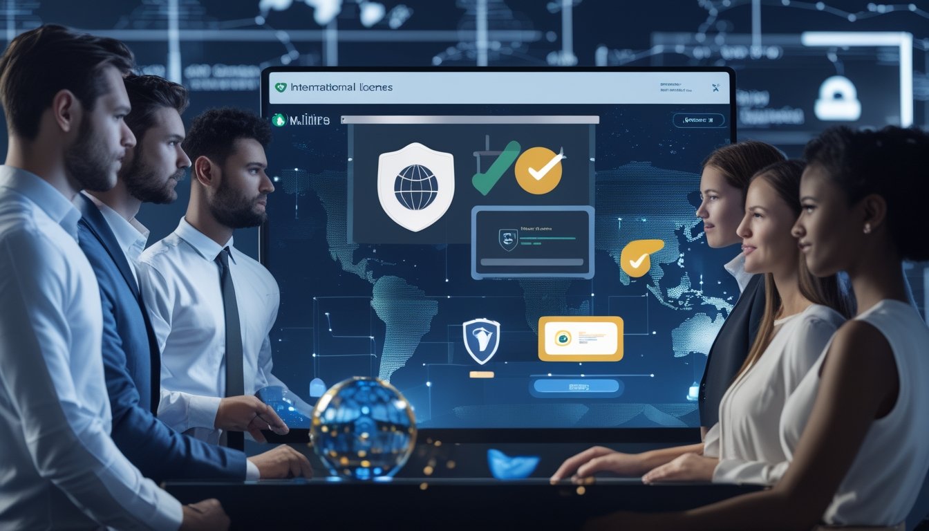 Sekelompok orang beragam sedang melihat antarmuka digital yang menampilkan simbol keamanan dan lisensi internasional dalam perjudian online.