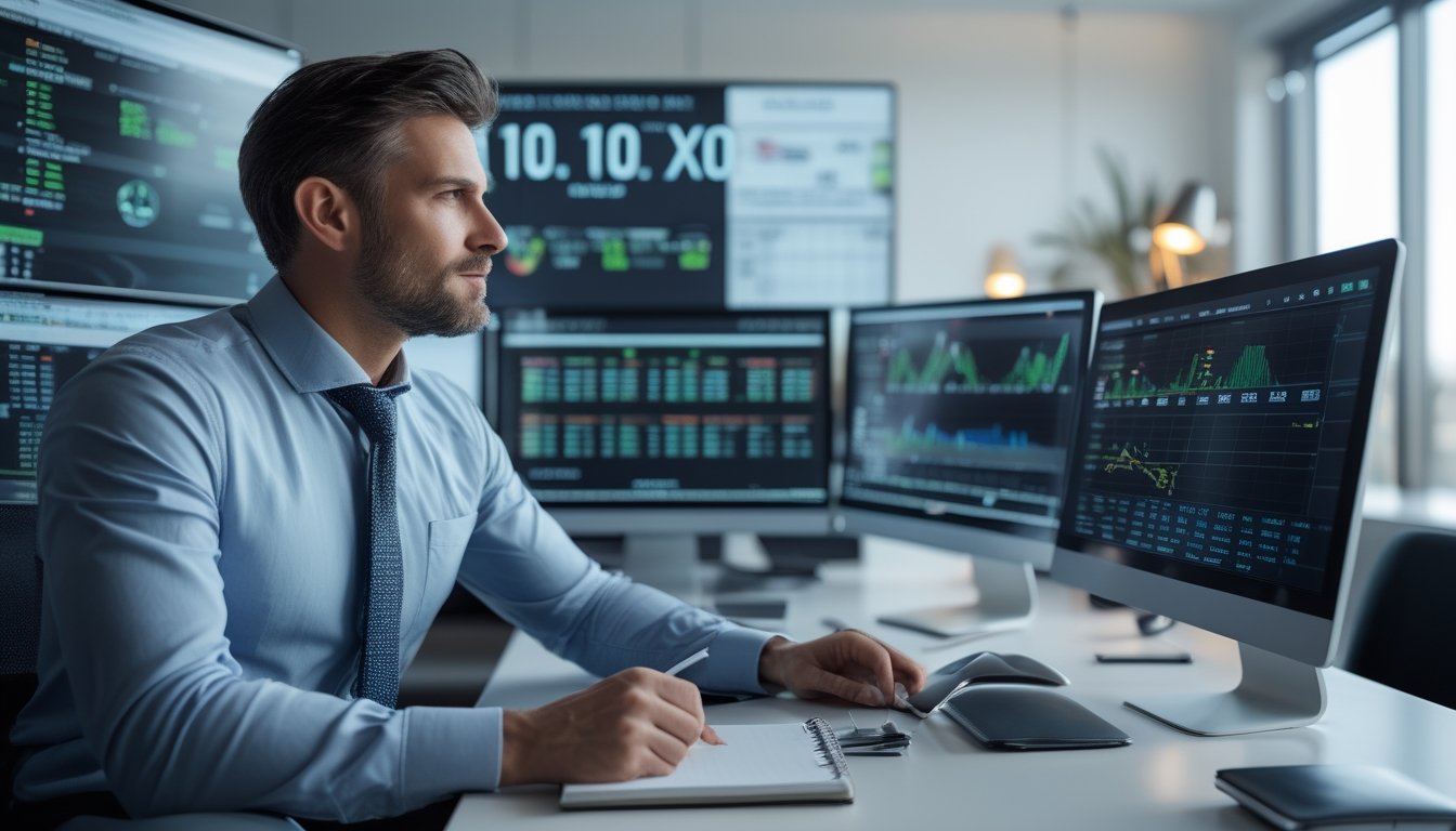 Seorang pria sedang menganalisis data di depan beberapa layar komputer di kantor modern.