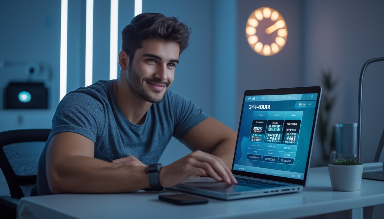Seorang pria muda duduk di depan laptop di ruangan yang terang pada malam hari, terlihat fokus dan puas saat menggunakan layanan permainan online.