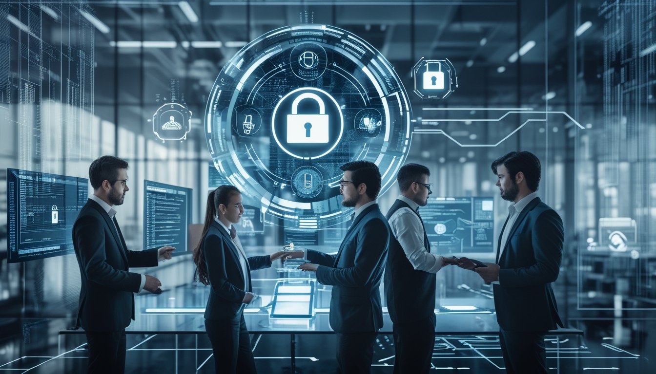 Sekelompok profesional bekerja dengan antarmuka digital futuristik yang menampilkan ikon keamanan dan data terenkripsi di kantor teknologi modern.
