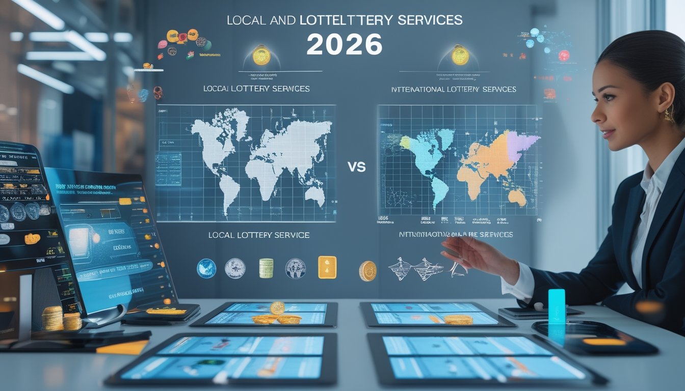 Dua profesional bisnis berdiskusi di kantor modern dengan tampilan grafik dan data lotere lokal dan internasional di layar digital.
