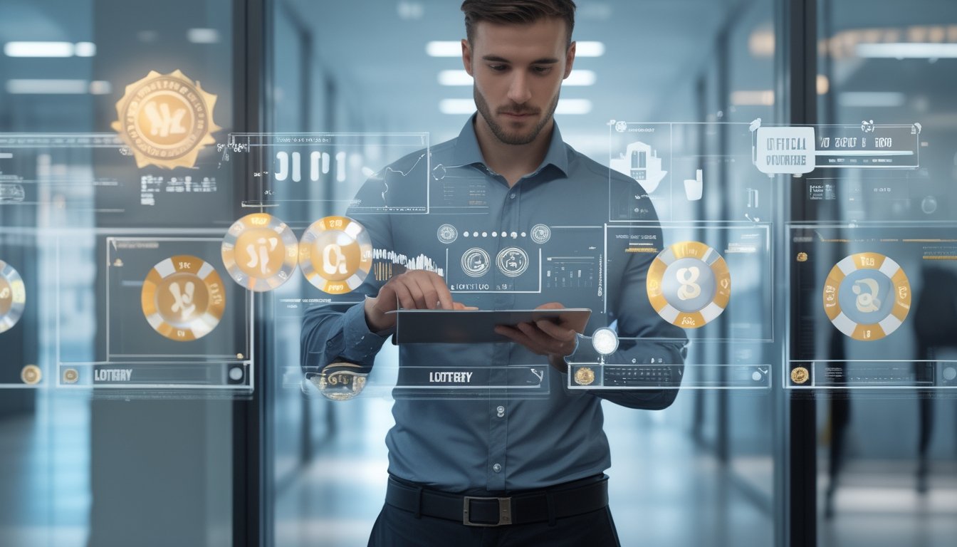 Seorang profesional sedang menganalisis data digital tentang togel resmi di kantor modern dengan layar transparan dan suasana yang tenang.