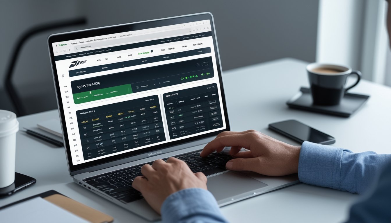 Seorang pria menggunakan laptop di meja kerja yang rapi dengan tampilan situs taruhan olahraga online dan tabel odds di layar.