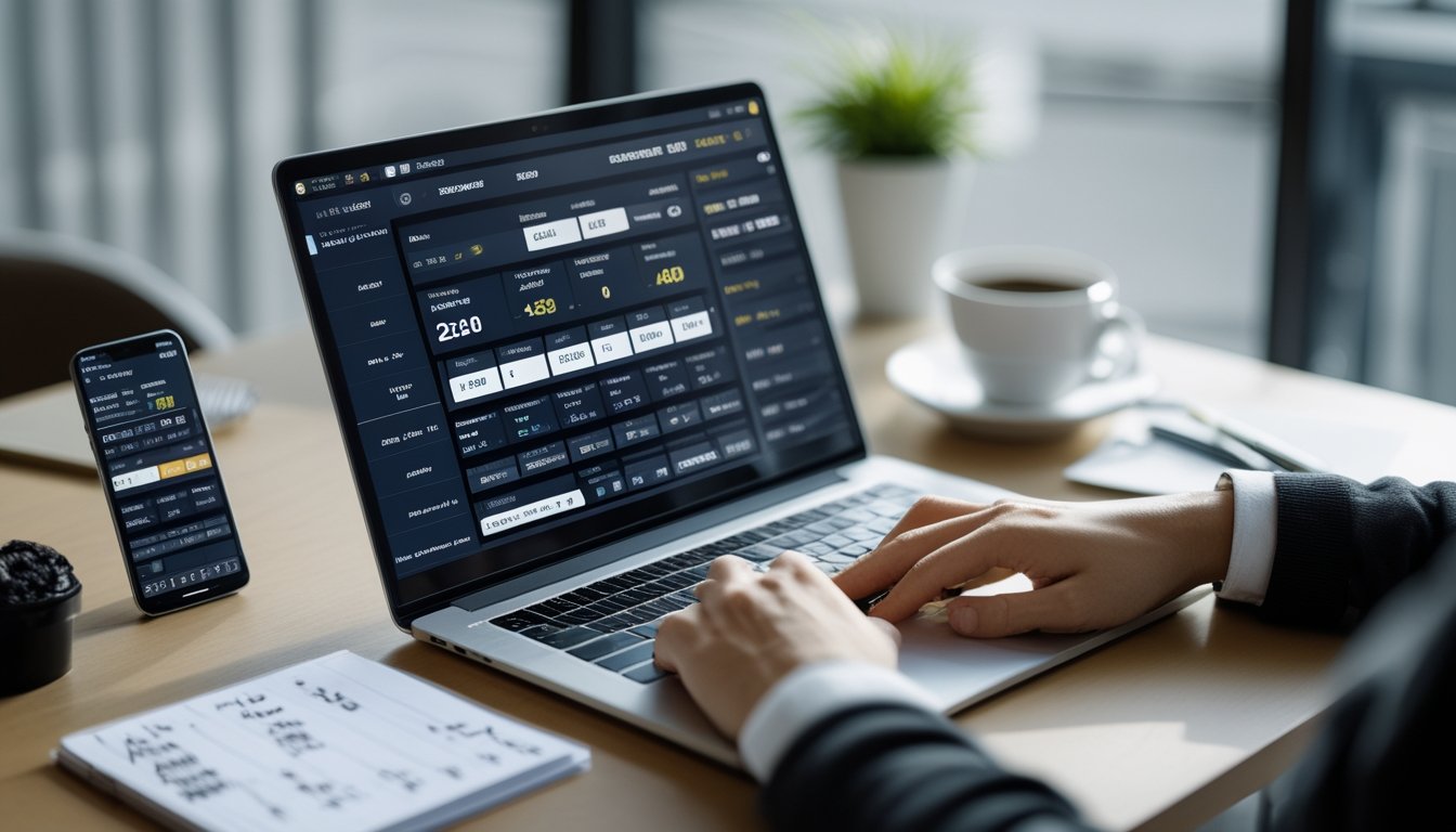 Meja kerja dengan laptop yang menampilkan halaman taruhan olahraga online dan beberapa perangkat serta alat tulis di sekitarnya.