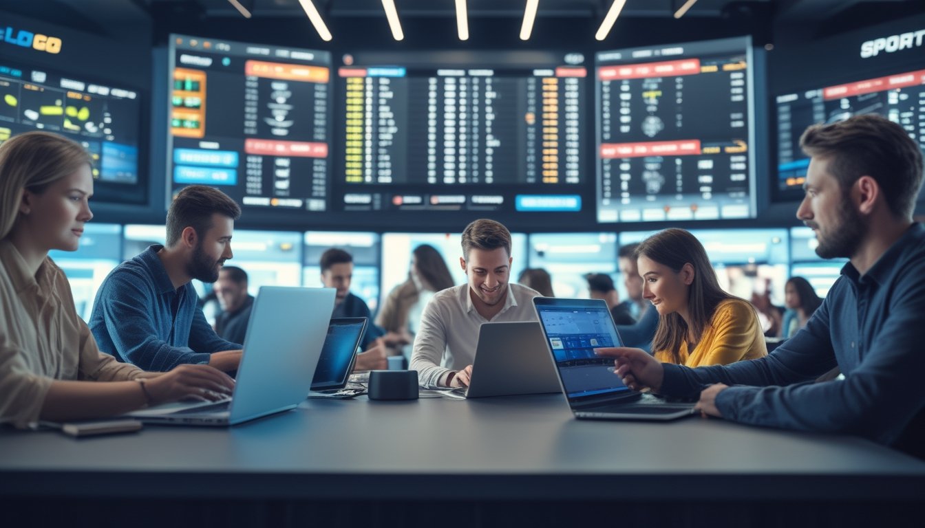 Orang-orang menggunakan perangkat digital untuk bertaruh olahraga di lingkungan sportsbook modern dengan layar besar menampilkan pertandingan olahraga.