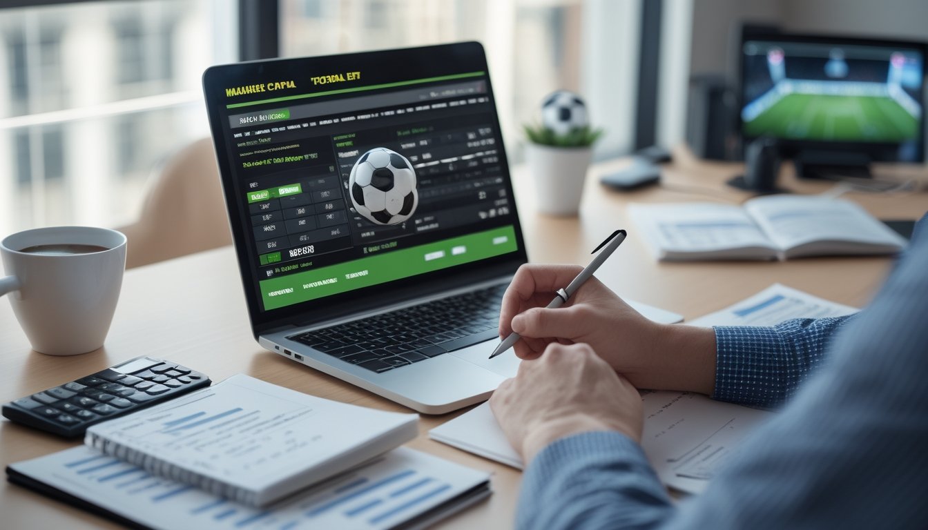 Meja kerja dengan laptop menampilkan data taruhan bola, dokumen keuangan, kalkulator, dan tangan seseorang sedang mencatat.