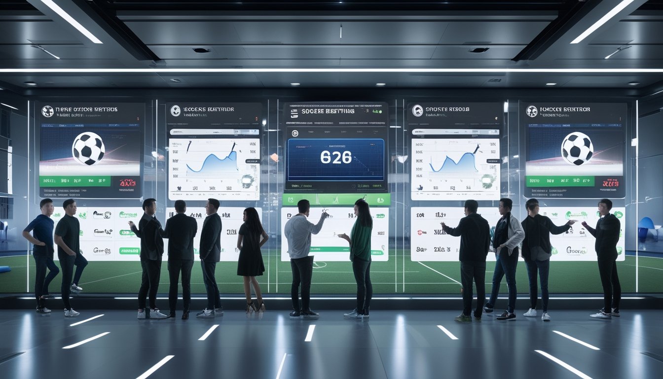 Beberapa orang sedang melihat layar digital yang menampilkan berbagai jenis pasar taruhan bola di sebuah ruang taruhan modern.