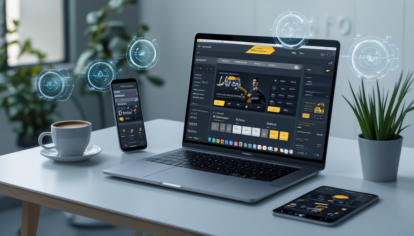 Meja kerja dengan laptop, smartphone, dan tablet yang menampilkan situs taruhan bola terbaru, dikelilingi oleh elemen teknologi dan dekorasi minimalis.