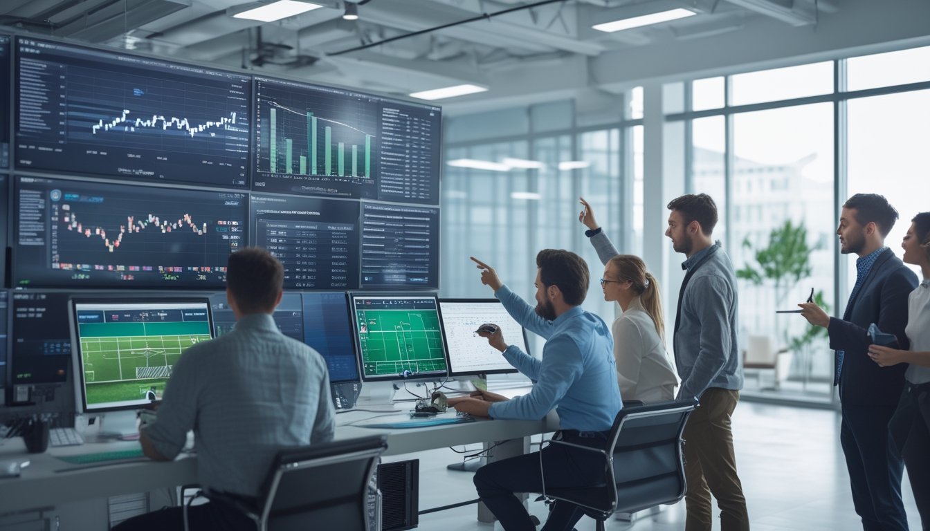 Sekelompok profesional muda sedang menganalisis strategi taruhan bola menggunakan data statistik di kantor modern.