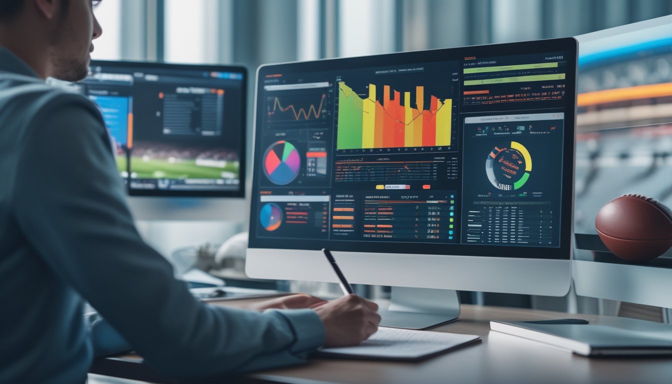 Seorang pria sedang menganalisis data statistik taruhan bola menggunakan komputer dan mencatat di meja kerja.